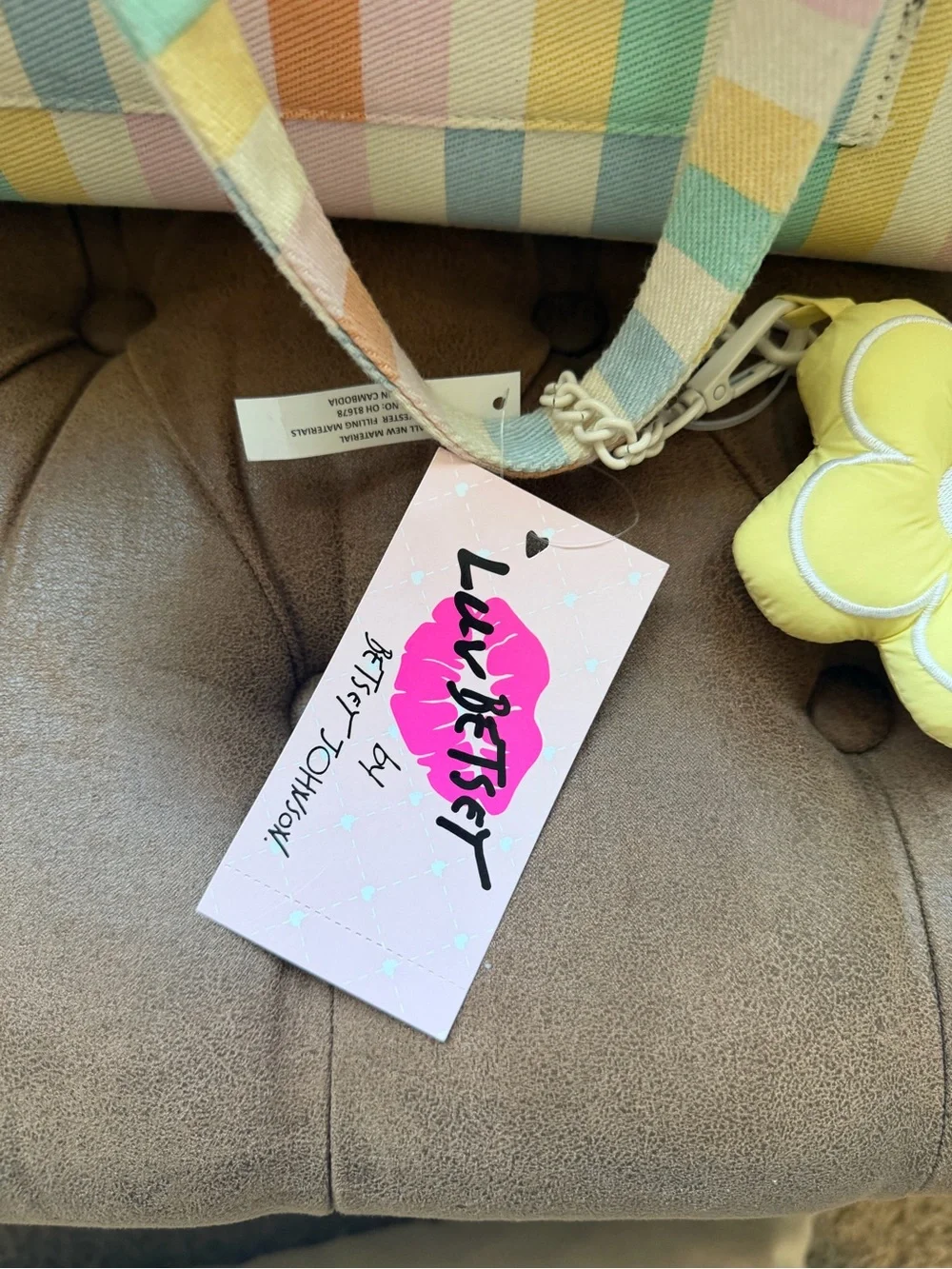 Betsey Johnson Multicolor Pastel Stripe Shoulder Bag with Yellow Flower Charm